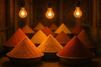 Pyramids of powdered spice glowing under warm bulbs