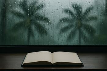 Notebook by a rain-marked window with blurry palms