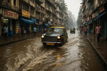 Mumbai street with drains running fast after a shower