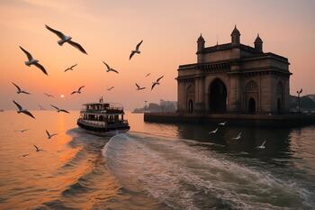 Ferry wake near the Gateway of India with gulls