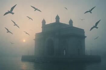 Early sea haze near the Gateway of India, gulls circling
