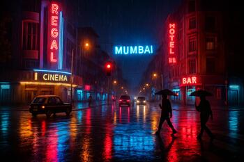 Mumbai crossroad at night reflecting neon in rain