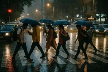 Mumbai rain crosswalk with reflections like film grain