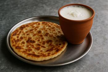 Paratha with a clay cup of lassi on a metal table