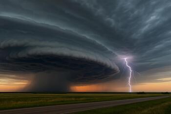 Plateau storm front with a single lightning branch