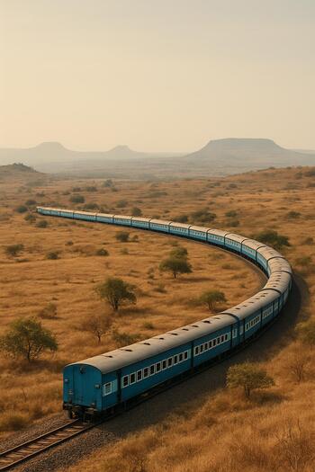 Train curving across the plateau under a pale sky