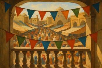 Bazaar seen from a balcony with bunting