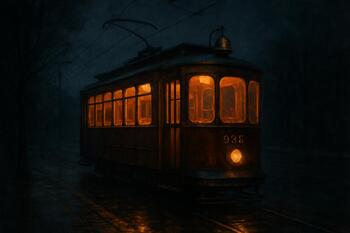 Old tram at night with orange interior glow