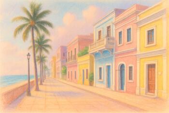 Puducherry seaside street with pastel houses