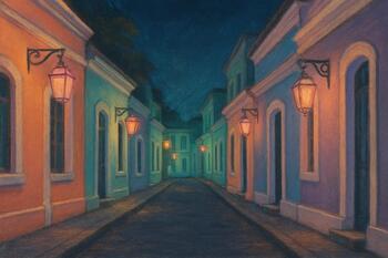 Puducherry lanes at night with pastel houses and lamps