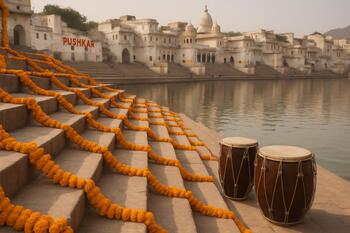 Pushkar temple steps with marigold garlands and soft drums