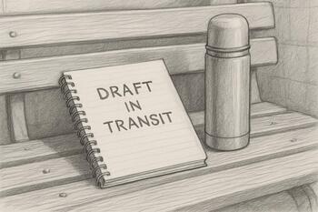Notebook on a wooden station bench with a thermos