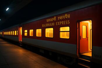Rajdhani coach doors glowing at a night platform