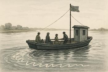 Small river ferry with a few passengers and a pale sky