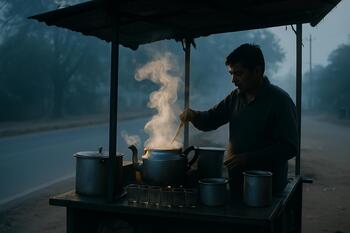 Roadside chai stall with steam curling in cool air
