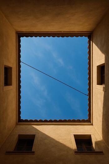 Courtyard roof opening with blue sky and a wire