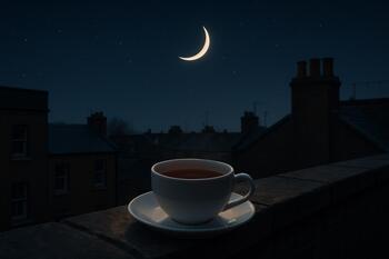 Cup of tea on a rooftop ledge under a new moon