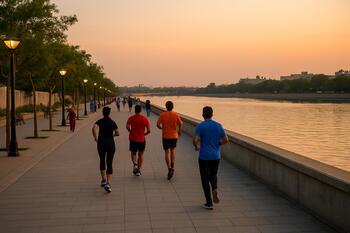 Sabarmati river promenade with evening joggers