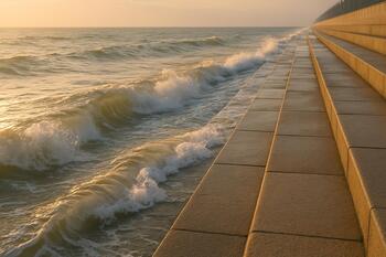 Sea waves folding onto promenade steps in soft light