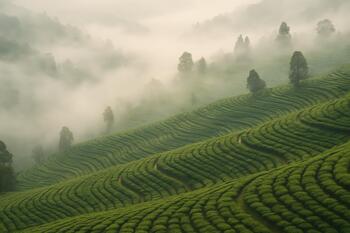 Terraced tea slopes in Sikkim wrapped in morning mist