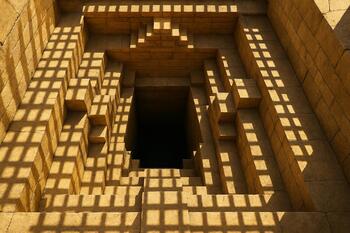 Geometric top view of a stepwell in bright noon light