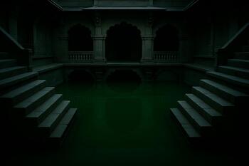 Lower level of a stepwell with green water and deep shade
