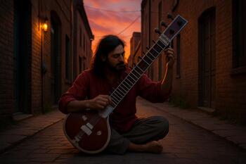 Street musician with a sitar tuning before sunset