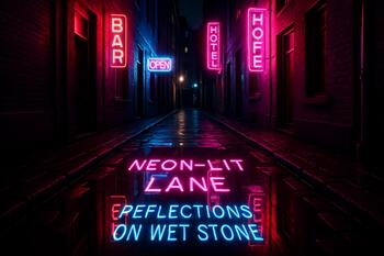 Neon-lit lane with reflections on wet stone