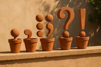 Terracotta pots lined along a low wall in sun