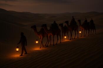 Camel caravan with warm lanterns threading through the Thar