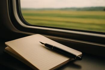 Pen resting on a page by a train window with blurred fields