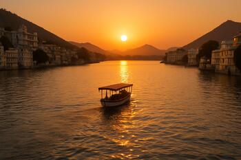 Boat on Lake Pichola catching late sun between ghats