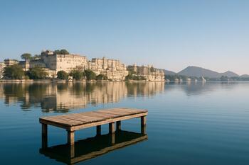 Still Lake Pichola with a small wooden dock and city silhouette