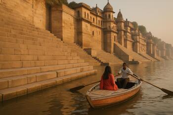 Boat gliding past stone steps on the Ganges