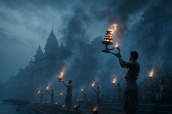 Blue-grey dawn smoke over Varanasi ghat during aarti