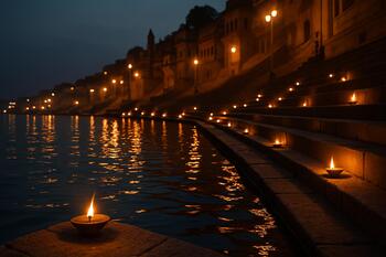 Lamps along a Varanasi ghat, river surface breathing softly