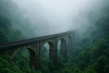Fog-wrapped viaduct in the Western Ghats