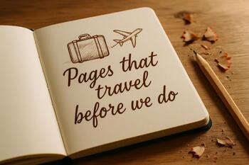 Travel notebook open on a wooden desk with pencil shavings